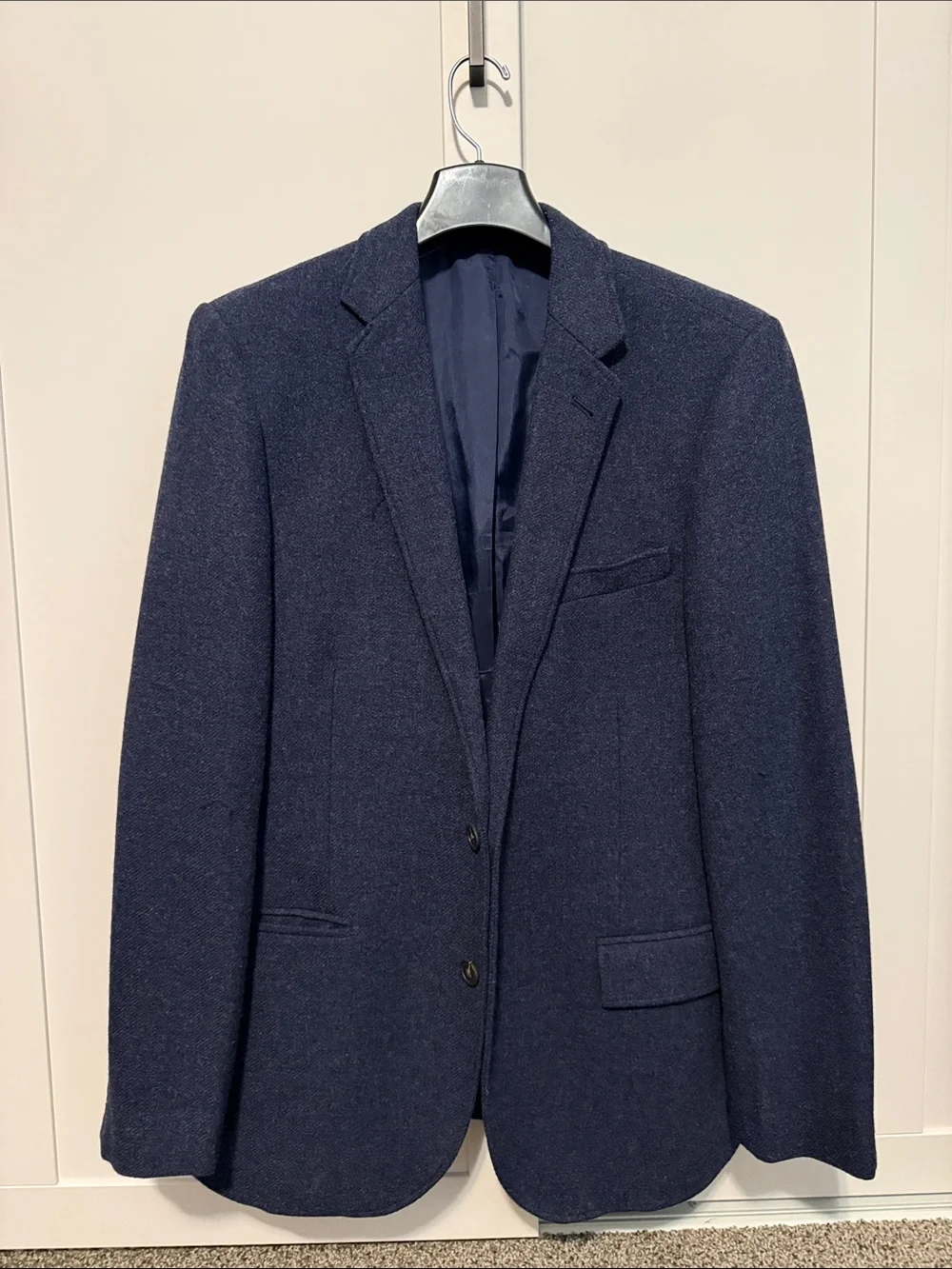 J Crew Tweed Blazer Mens 40R Blue Wool Blend Elbow Patch Two Button Sport Coat